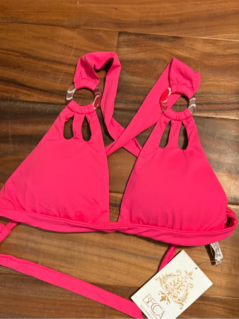 NWT BECCA Hot Pink Ring Halter Bikini Top Medium M Tortoise Hardware (1225)
